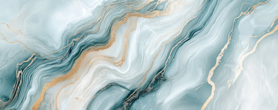 A soothing marble background with pastel blues and greens, accented by silver veins and a touch of gold.