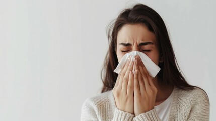 A woman is blowing her nose with a tissue