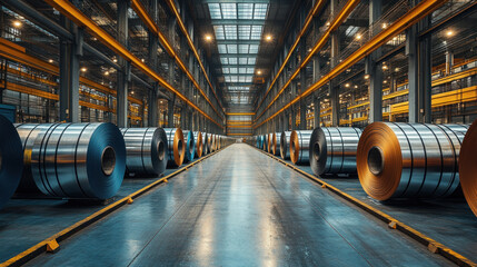 The spacious warehouse is filled with neatly organized steel rolls, waiting to be transported to the next phase of production.