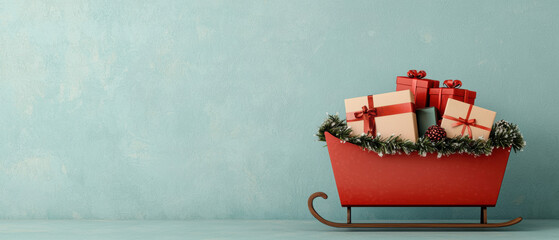 A Cyber Monday sale banner wrapped around a Christmas sleigh filled with tech gadgets for delivery Cyber Monday  sleigh, modern holiday delivery theme