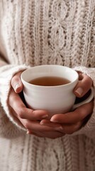 A person is holding a white cup of tea in their hands