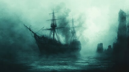 A mysterious vintage ship navigates through dense fog, creating an eerie atmosphere, ideal for historical, nautical, or fantasy-themed projects, websites, and artistic backgrounds,