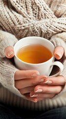 A woman is holding a cup of tea in her hands while wearing a sweater