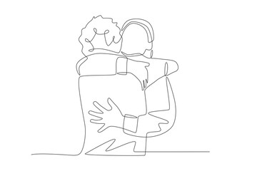 Mother hugs daughter who comes home from work. Returning home to their families concept one-line drawing