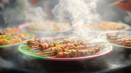 Close-up of Steaming Skewers on Plates at a Street Food Market