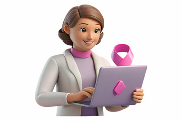 3D Candid Moment: Woman Applying Pink Ribbon Sticker to Laptop - Focused Expression Showcasing Personal Commitment to Awareness