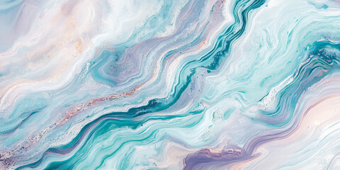 Fototapeta premium A light marble pattern with pastel blues, greens, and purples swirling together, accented by fine white veins.