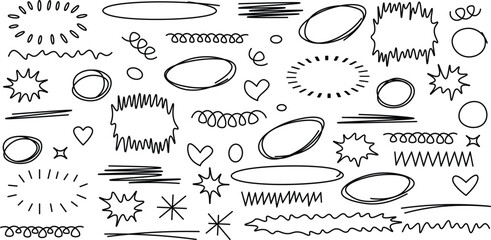 Set of scribble doodle underline emphasis shape. Emphasis line shape collection. Hand drawn brush stroke line shape, speech bubble shapes, line element, arrow element vector illustration. Line Element
