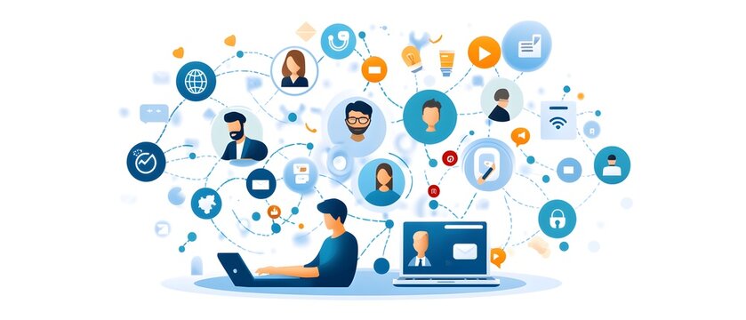 Man working on laptop with network of social media icons.