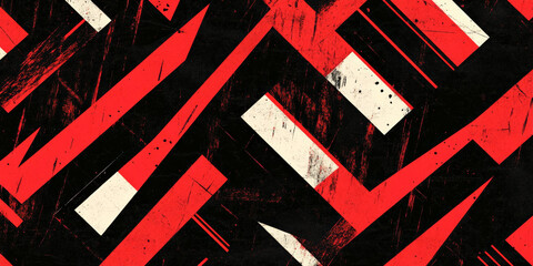 A vibrant red and black geometric pattern with diagonal lines and sharp triangles, creating a bold, energetic design.