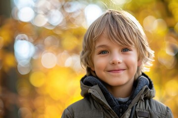 Fototapeta premium A young boy with blonde hair and blue eyes is smiling for the camera