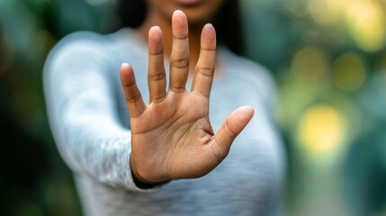 A woman raises her hand in a stop gesture to protest against discrimination and violence