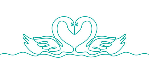 Swan line design. Swan decorative elements drawn with one continuous line. Vector illustration of minimalist style on white background, Continuous one line drawing couple swan face each other.