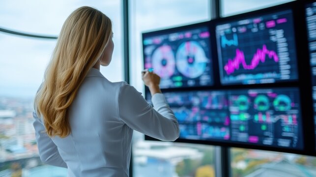 A woman in a white shirt looking at some graphs on the wall, AI