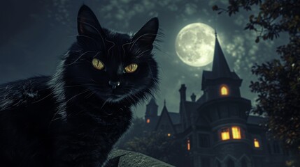 A close-up of a black cat with piercing yellow eyes against a full moon, with a spooky old mansion in the background. The atmosphere evokes mystery, Halloween, and the supernatural.