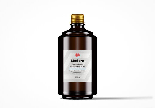 Modern Dark Amber Glass Round Bottle Mockup