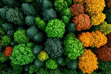 Naklejka premium Aerial view, deciduous forest, seasonal change captures the transition from green to autumnal colors