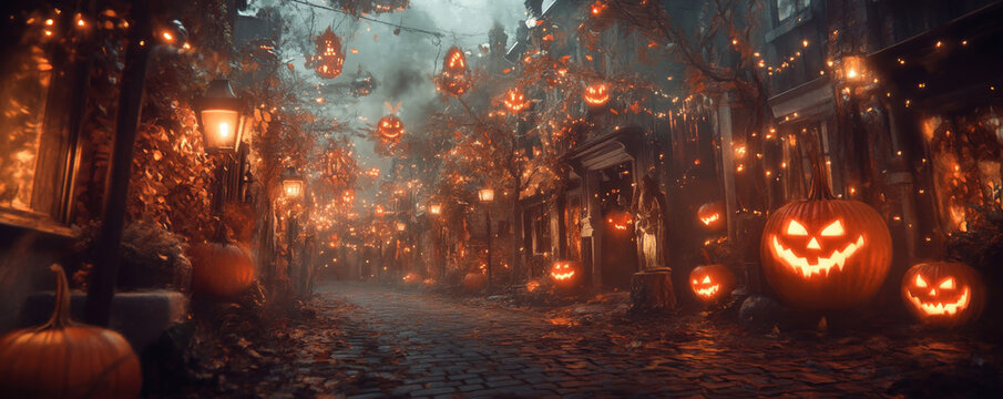 A dark alley filled with flickering lanterns, glowing pumpkins, and ghostly figures walking through the mist.