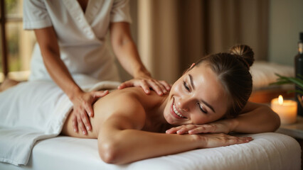 Fototapeta premium Beautiful girl getting a back massage, healthy body concept, self care
