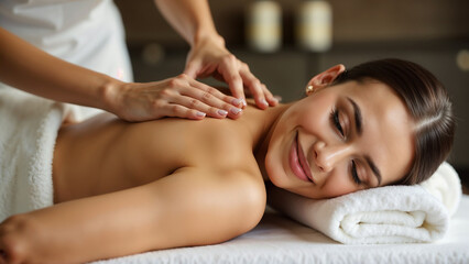 Fototapeta premium Beautiful girl getting a back massage, healthy body concept, self care