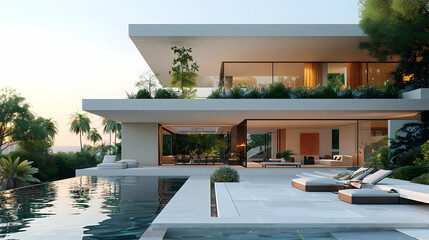 Fototapeta premium Modern Luxury Villa with Pool and Lush Greenery 3D Illustration