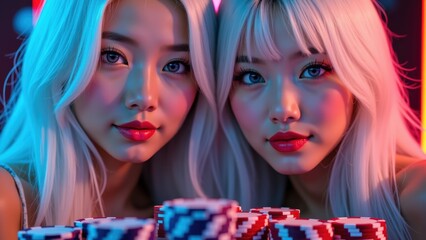 Obraz premium Two Fair-Skinned Asian Women with Platinum Blonde Hair Leaning Over Poker Chips in a Casino Setting with Neon Lighting