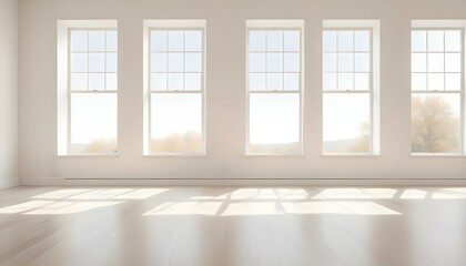 Fototapeta premium A bright and airy room with large windows, hardwood floors, and minimal decor. The room has a clean, modern aesthetic with a neutral color palette.