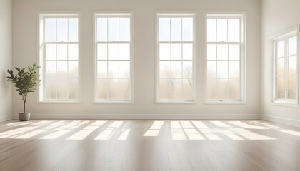 Fototapeta premium A bright and airy room with large windows, hardwood floors, and minimal decor. The room has a clean, modern aesthetic with a neutral color palette.