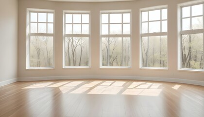 Fototapeta premium A bright and airy room with large windows, hardwood floors, and minimal decor. The room has a clean, modern aesthetic with a neutral color palette.