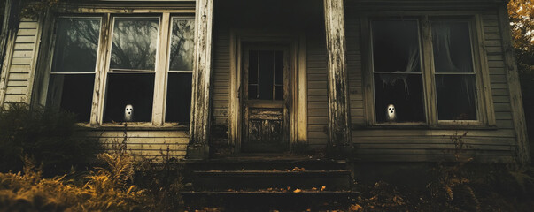 A spooky, abandoned house with creaking doors and ghostly figures in the windows as a child peers in fearfully.