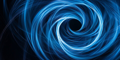 Bright electric blue light trails twisting in a spiral around a black void, creating a sense of depth and dynamic movement.