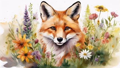 Fototapeta premium Whimsical Fox Amidst a Wildflower Meadow