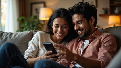 indian couple smiling and looking at phone sitting on sofa at home