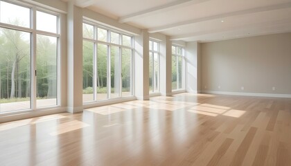 Fototapeta premium A bright and airy room with large windows, hardwood floors, and minimal decor. The room has a clean, modern aesthetic with a neutral color palette.
