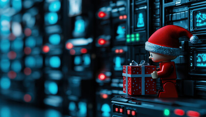 An elf operating a futuristic delivery system, surrounded by Cyber Monday sales screens Cyber Monday  elf, hightech holiday helper