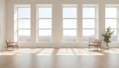 Obraz premium A bright and airy room with large windows, hardwood floors, and minimal decor. The room has a clean, modern aesthetic with a neutral color palette.
