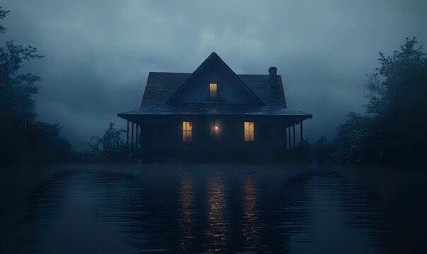 Lonely House Stands in Foggy Night, Illuminated Windows Reflecting in Dark Water
