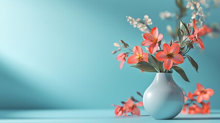 Vibrant Pink Flowers in a Light Blue Vase Against a Turquoise Background