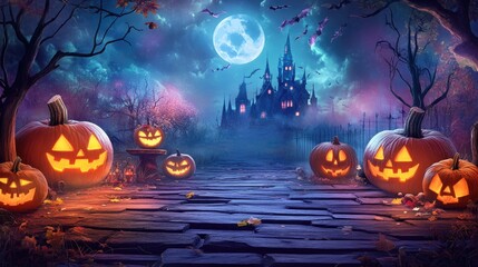 Fototapeta premium A Halloween scene with a castle and pumpkins