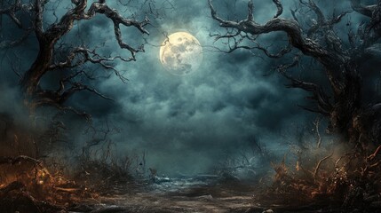 A dark forest with a full moon in the sky