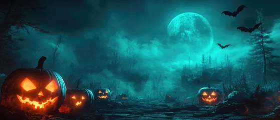 A Halloween scene with a large moon in the background and bats flying around
