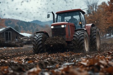 Obraz premium A red tractor is seen plowing through a muddy field on a farm during what appears to be rainy weather, demonstrating the resilience and hard work of agricultural life.