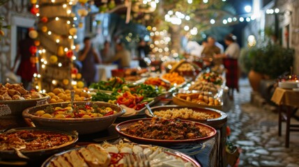 Fototapeta premium traditional island feast with a variety of local dishes and a festive atmosphere