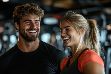 A cheerful duo, dressed in gym attire, sharing a light-hearted moment and enjoying their indoor workout session, illustrating companionship and physical fitness.