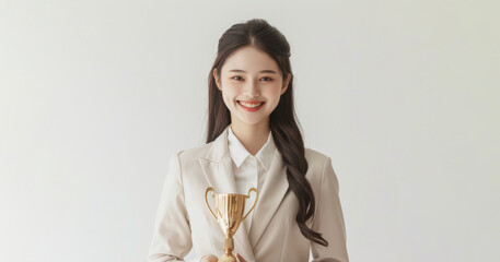 Asian adolescent, dressed in crisp pastel suit and white shirt, laughs joyfully while holding a gold trophy, signifying her hard work and academic achievement on white background.