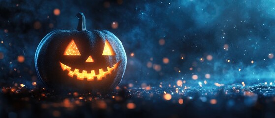 A pumpkin with a smiley face on it is sitting on a dark background