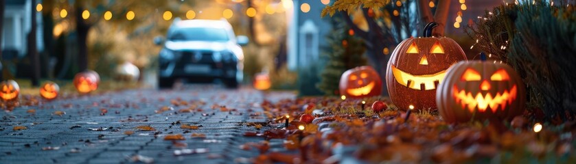 Halloween scene with carved pumpkins lit along a decorated street, leaves scattered on the ground, and a car approaching in the background.
