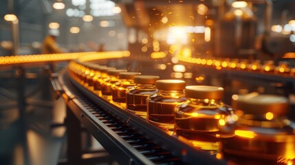 Obraz premium A modern factory production line with glowing lights and jars. Industrial manufacturing scene with machinery and bottles on a conveyor belt.