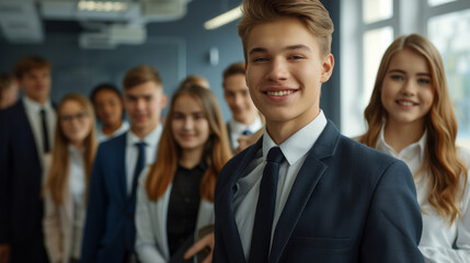Obraz premium Confident young boys dressed in business attire, standing in an office with serious expressions, emphasizing their ambition and leadership qualities.