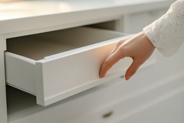 Close Drawer Slides. Woman's Hand Opens White Cabinet Drawer with Close Up View